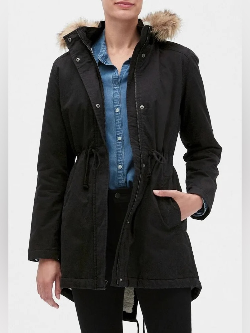 GAP Sherpa Lined Parka Jacket Coat Fur Hood Women’s Winter Black L